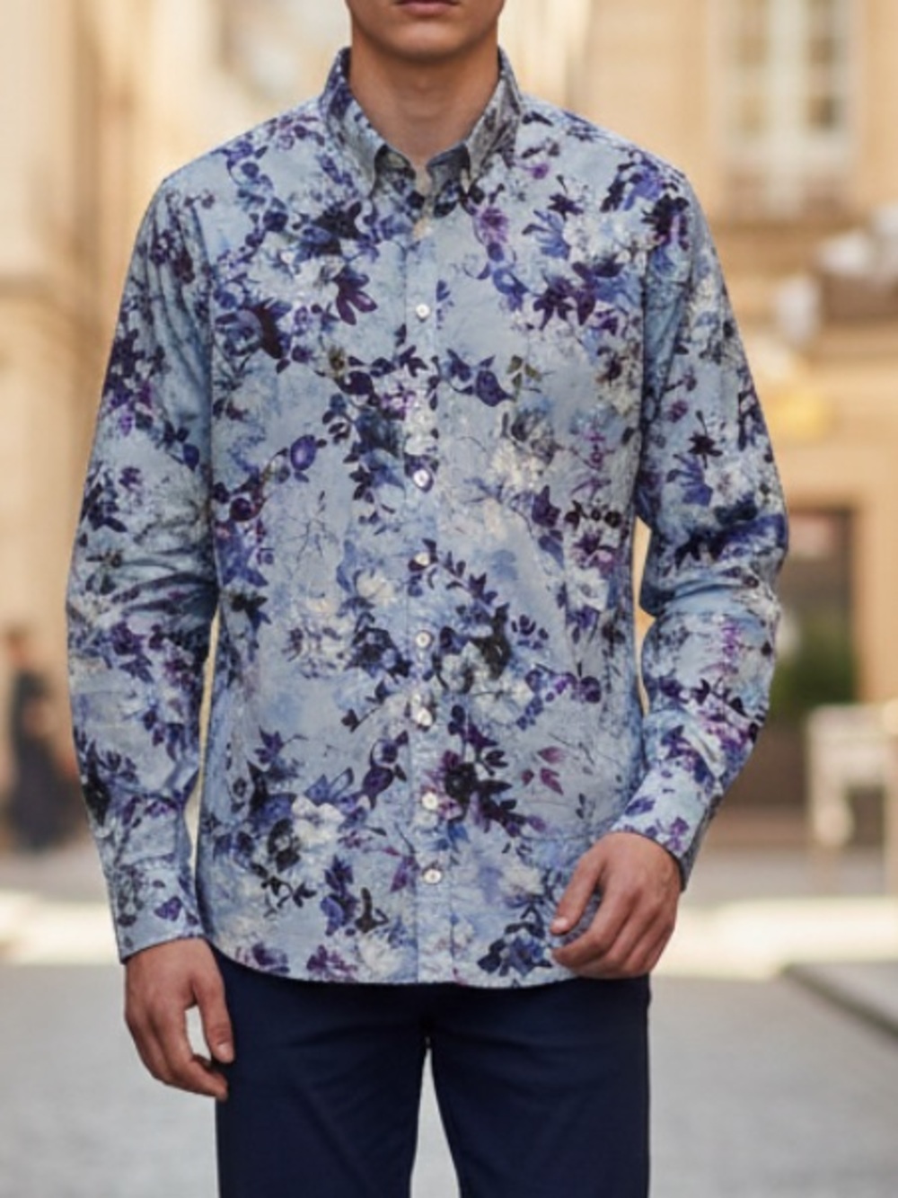 Hawes & Curtis Semi Fitted Light Blue Floral Button-Up Shirt UK 16
